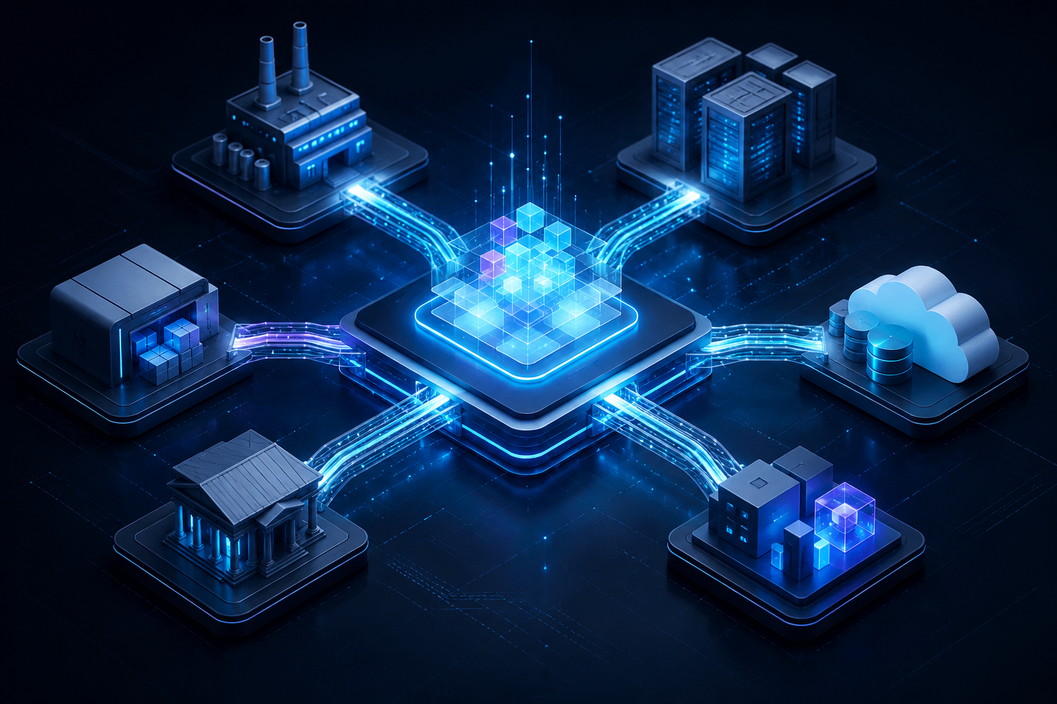 Abstract editorial visualization for Integration Architecture for AI Operations: APIs, Events and Workflow Orchestration